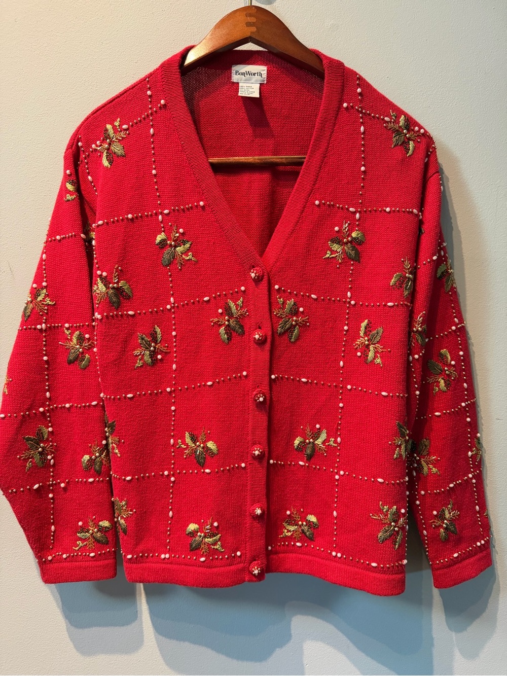 Vintage Bon Worth Red Embroidered Beaded Cardigan for Christmas 🎅 Ugly sweater